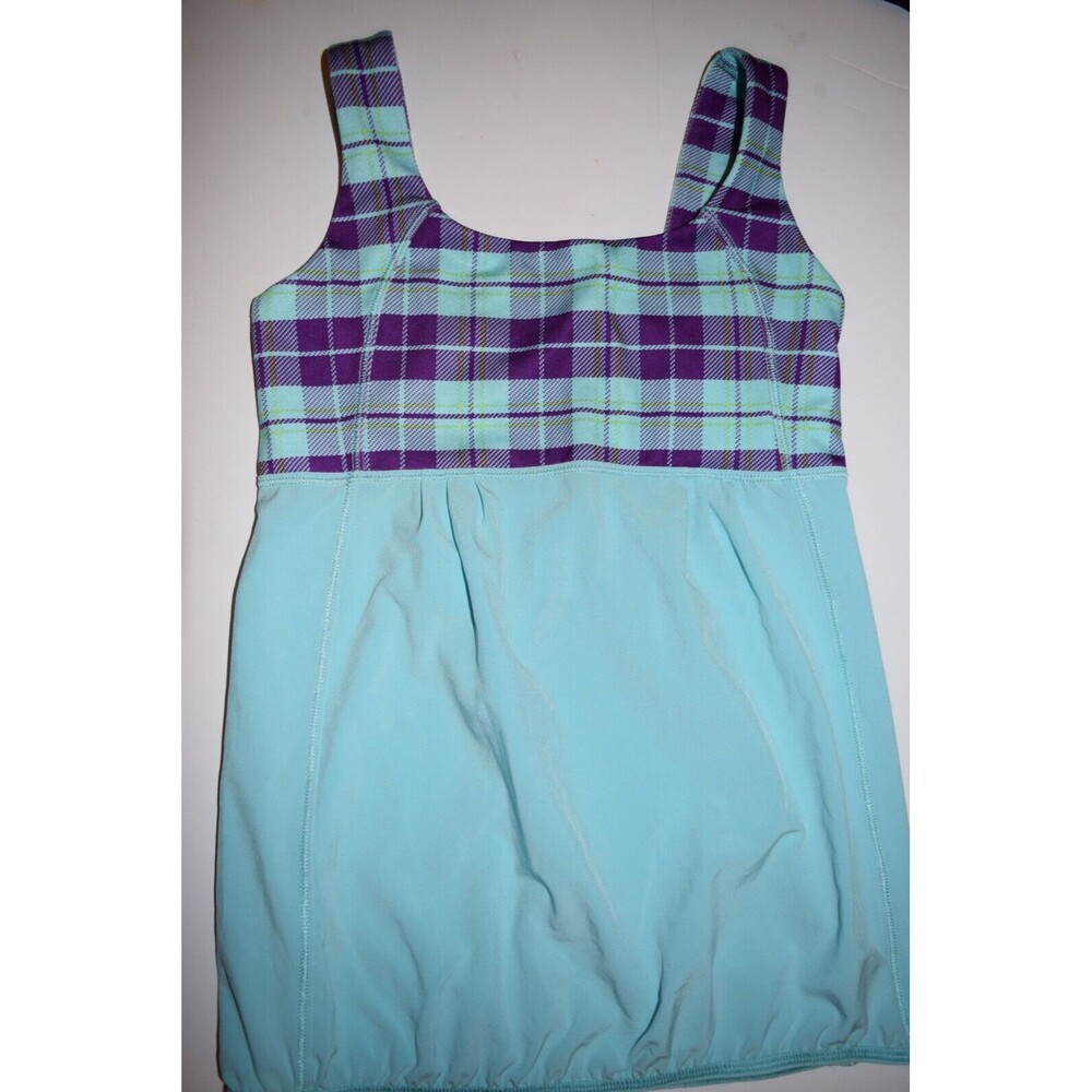 EUC IVIVVA by LULULEMON GIRLS ACTIVE AQUA BLUE PURPLE PLAID TANK SIZE 10